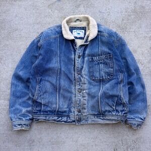 Vintage 90s Camel Joe Denim Trucker Jacket Large Sherpa Lined Blue 90s Promo